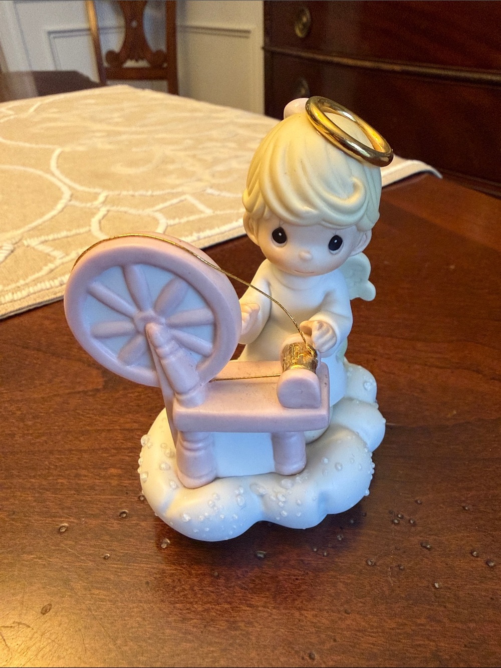 Precious Moments Pink and Gold Spinning Wheel Angel Figurine